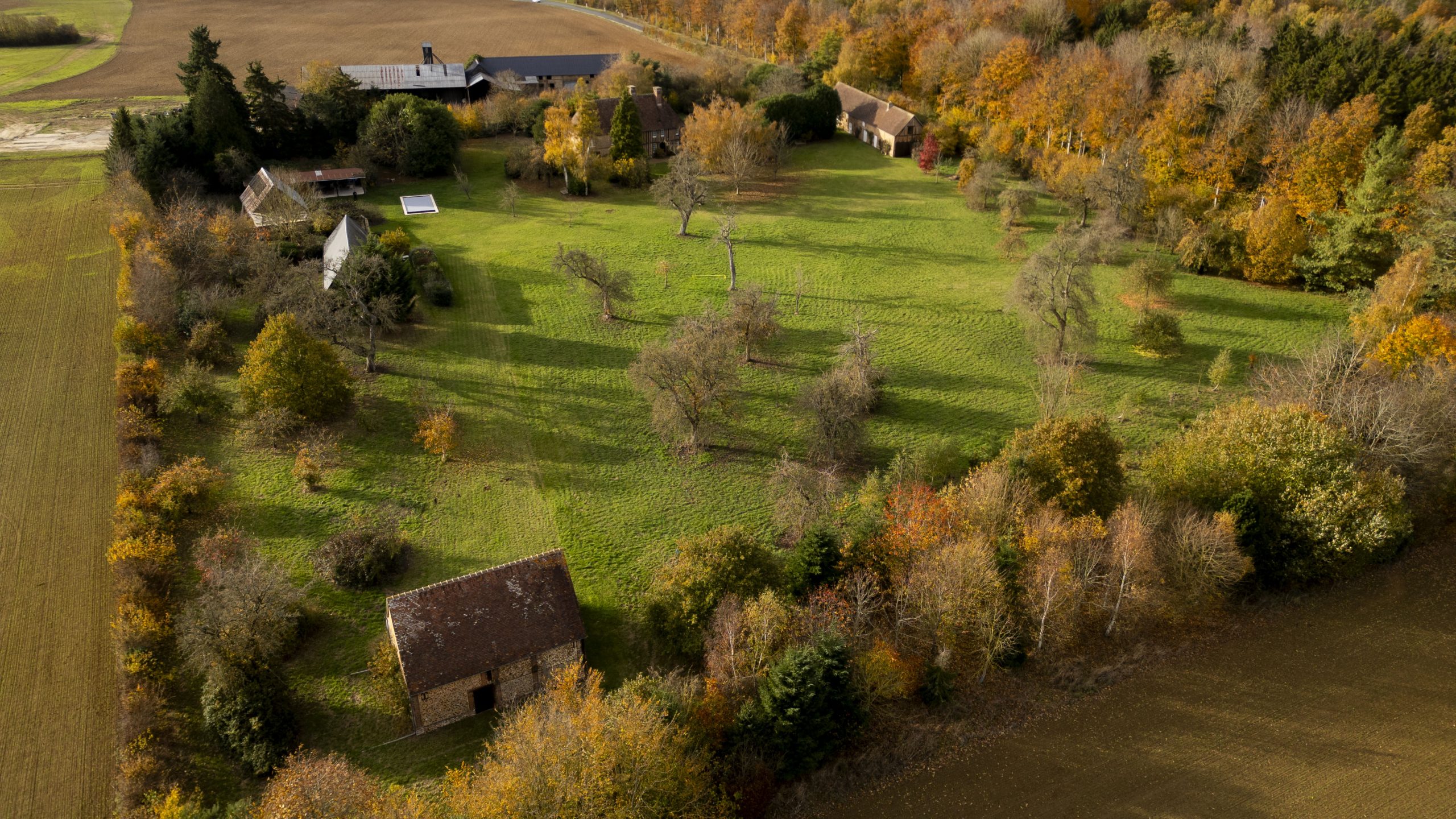 Aerial view of the estate and surrounding Norman countryside