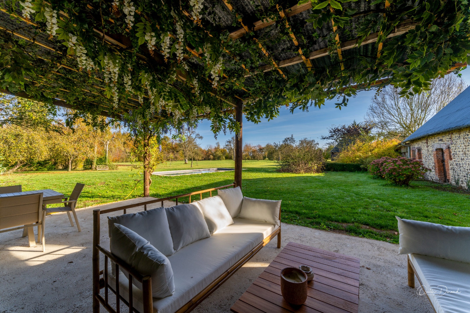 Wisteria-covered pergola with outdoor lounge seating